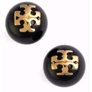 Tory Burch Evie gold logo black pearl earrings